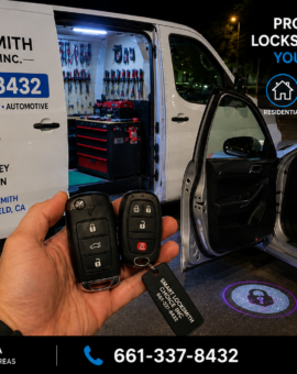 Emergency locksmith service in Bakersfield installing commercial keypad door lock