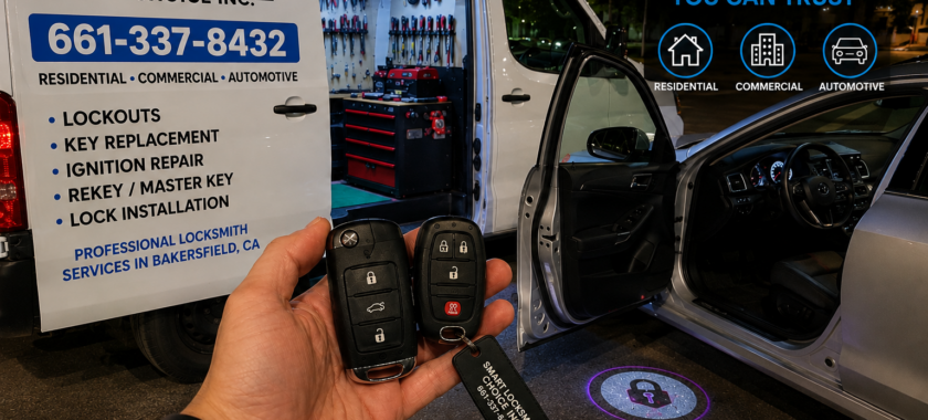 Emergency locksmith service in Bakersfield installing commercial keypad door lock